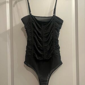 Black Ruched Bodysuit, mesh see-through back
